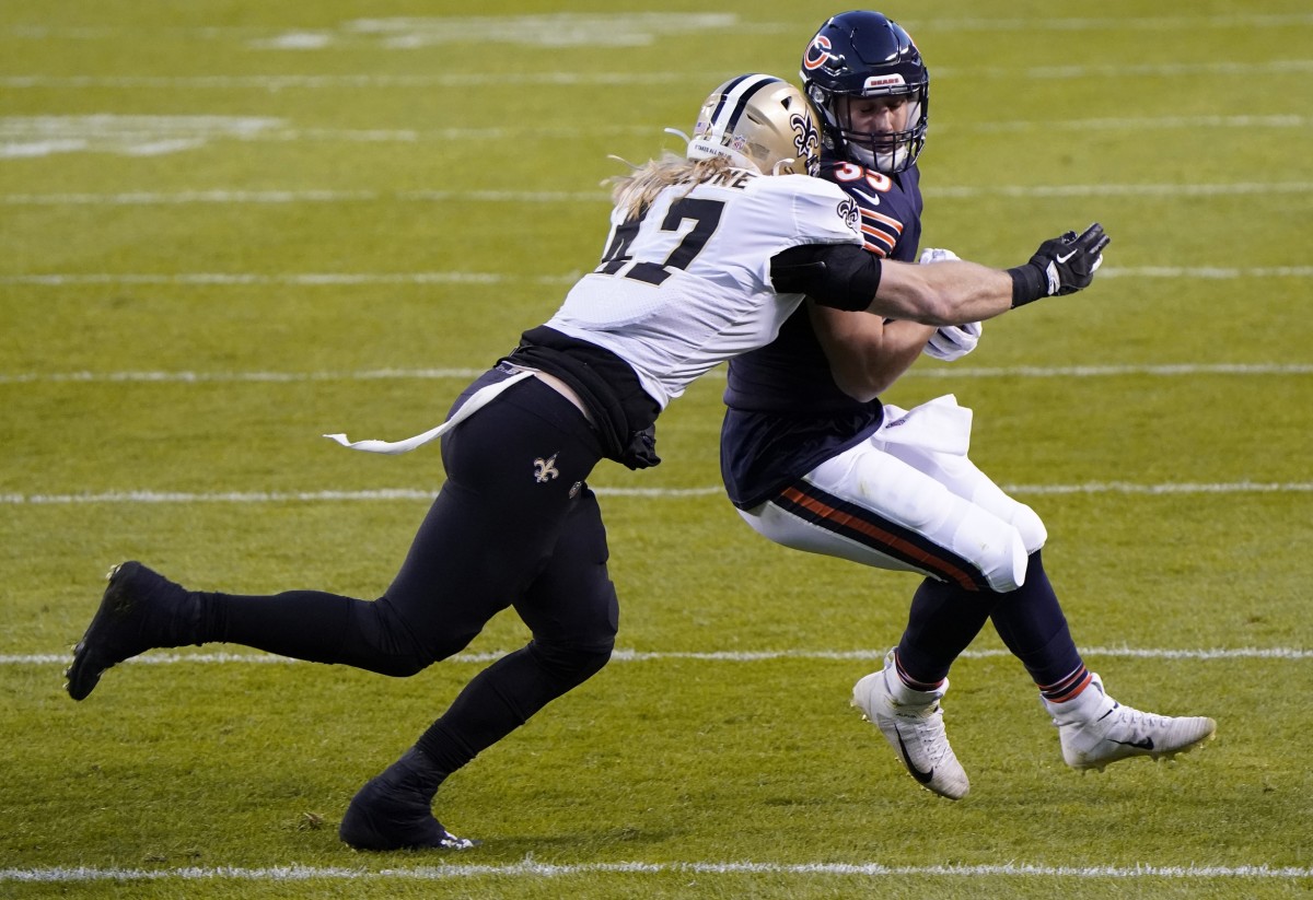 Nov 1, 2020; Chicago, Illinois, USA; Chicago Bears running back Ryan Nall (35) makes a catch against New Orleans Saints middle linebacker Alex Anzalone (47) during the second quarter at Soldier Field. Mandatory Credit: Mike Dinovo-USA TODAY 