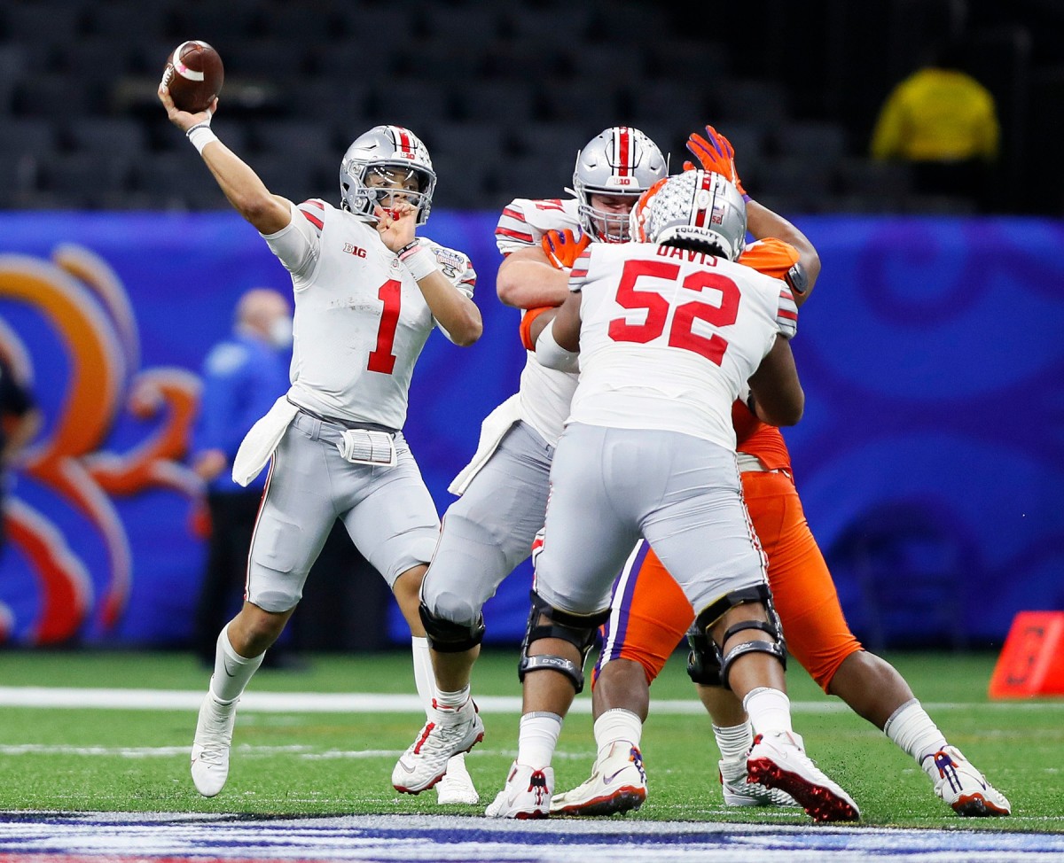 Fields throws a pass against the Clemson Tigers in the third quarter during the Allstate Sugar Bowl. 