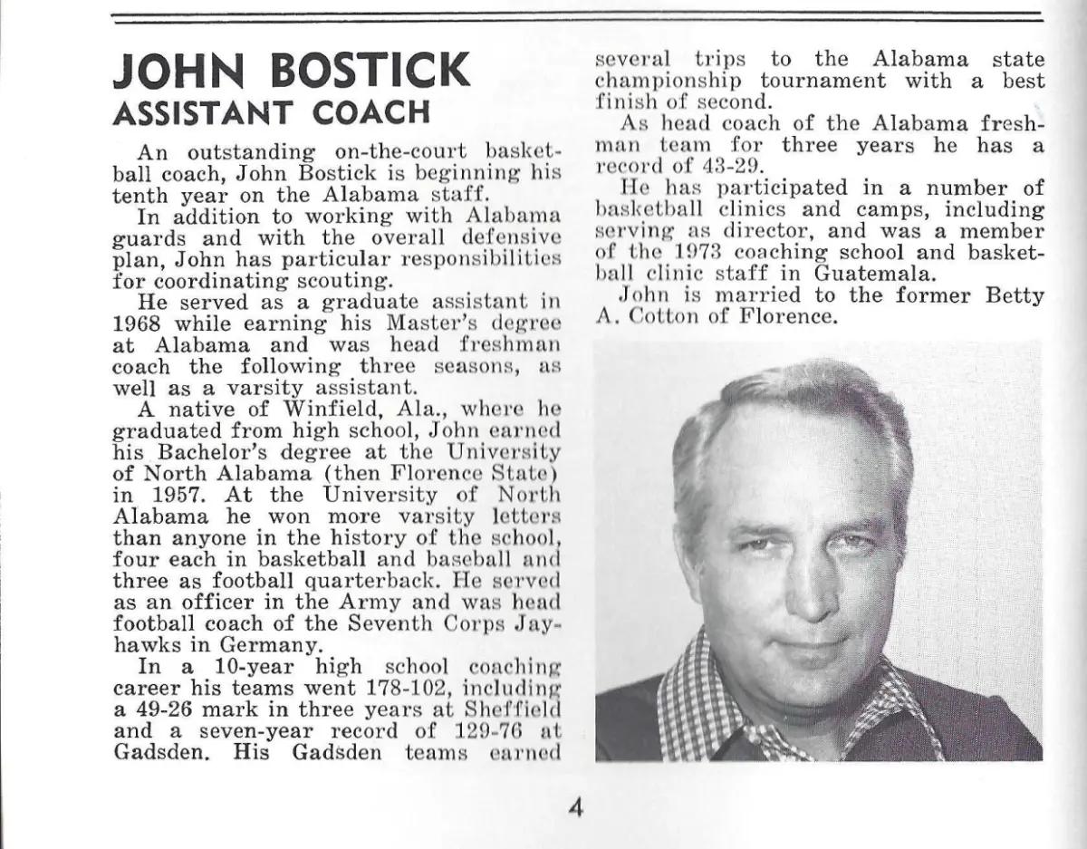 John Bostick, Alabama basketball 1978 media guide