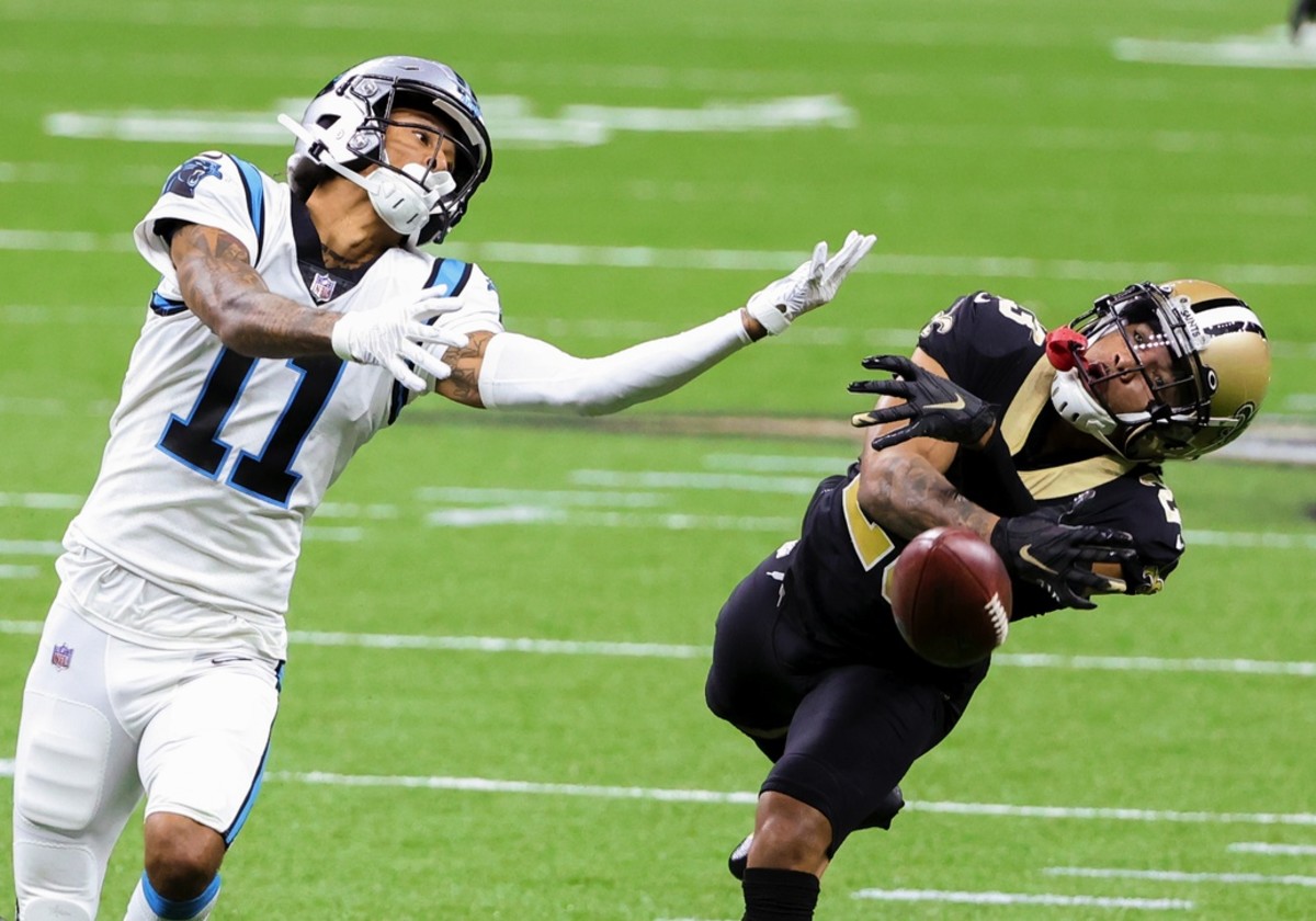 Oct 25, 2020; New Orleans, Louisiana, USA; New Orleans Saints cornerback Marshon Lattimore (23) defends against Carolina Panthers wide receiver Robby Anderson (11) during the second half at the Mercedes-Benz Superdome. Mandatory Credit: Derick E. Hingle-USA TODAY Sports