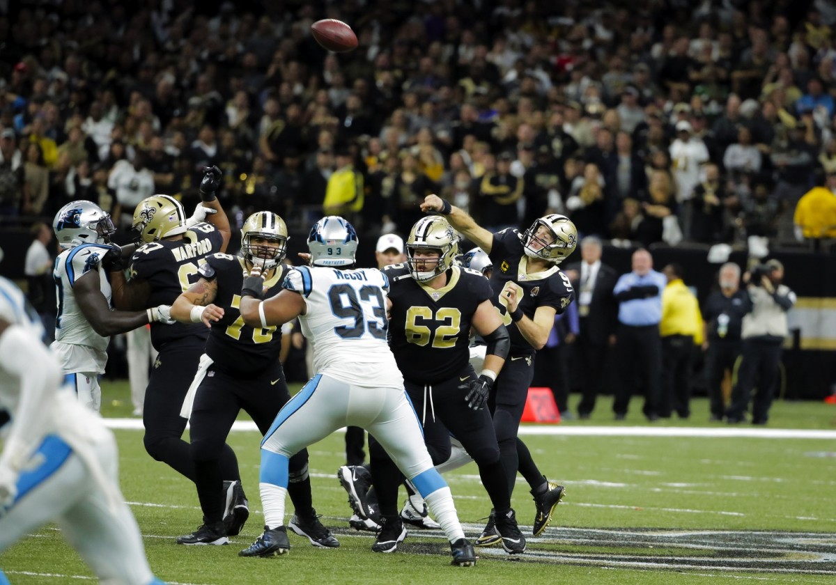 Nov 24, 2019; New Orleans, LA, USA; New Orleans Saints quarterback Drew Brees (9) throws against the Carolina Panthers during the second half at the Mercedes-Benz Superdome. Mandatory Credit: Derick E. Hingle-USA TODAY 