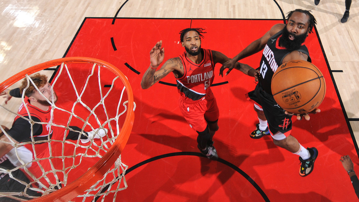 James Harden attempts layup against the Blazers