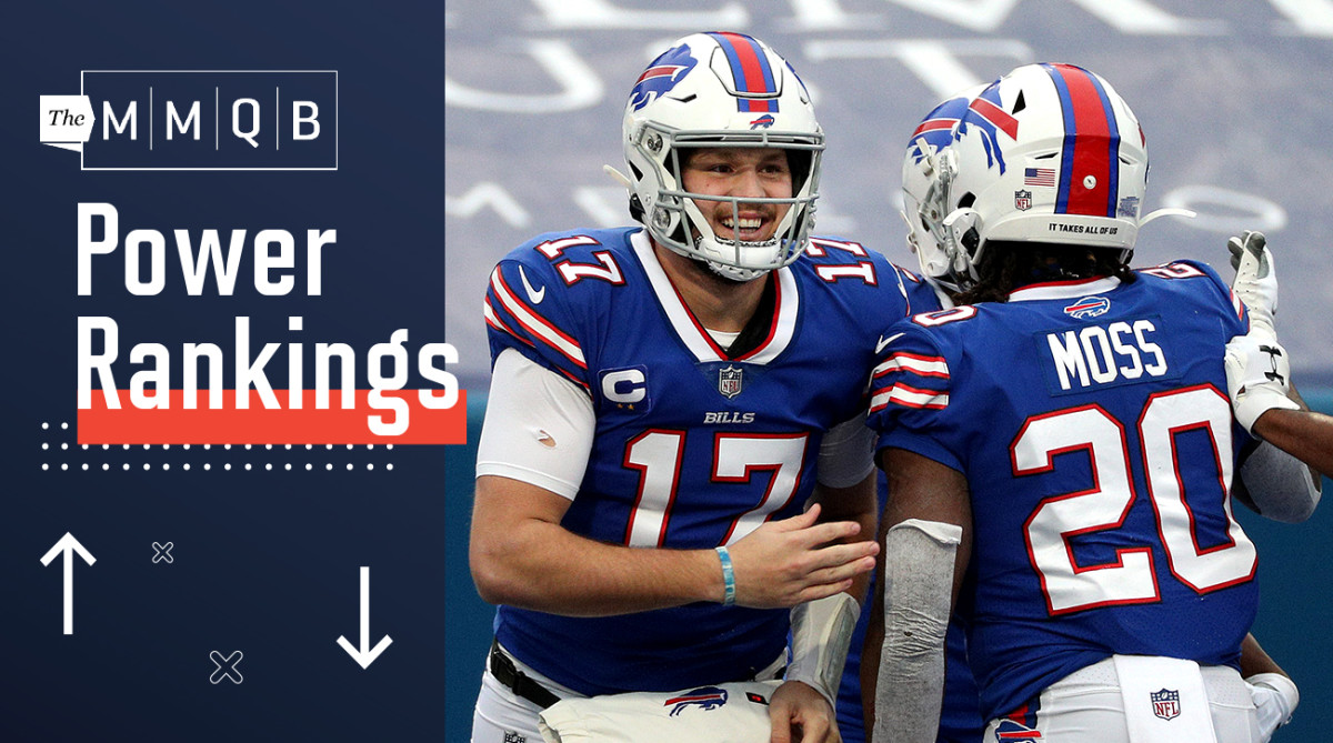 Bills quarterback Josh Allen celebrates a touchdown with running back Zack Moss against the Dolphins.