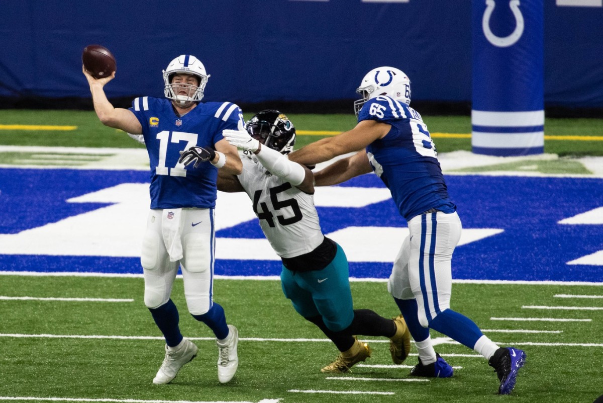 Indianapolis Colts offensive left tackle Jared Veldheer (65) blocks for quarterback Philip Rivers in Sunday's Week 17 home win over the Jacksonville Jaguars. Veldheer had two days of practice after not playing all season and was pressed into starting.