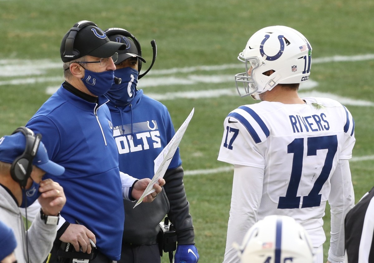 Indianapolis Colts head coach Frank Reich (left) talks strategy with quarterback Philip Rivers during a Week 16 road loss at Pittsburgh.
