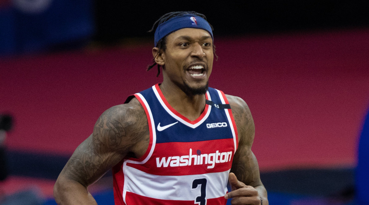 Washington Wizards guard Bradley Beal (3) reacts after a score against the Philadelphia 76ers during the fourth quarter at Wells Fargo Center.