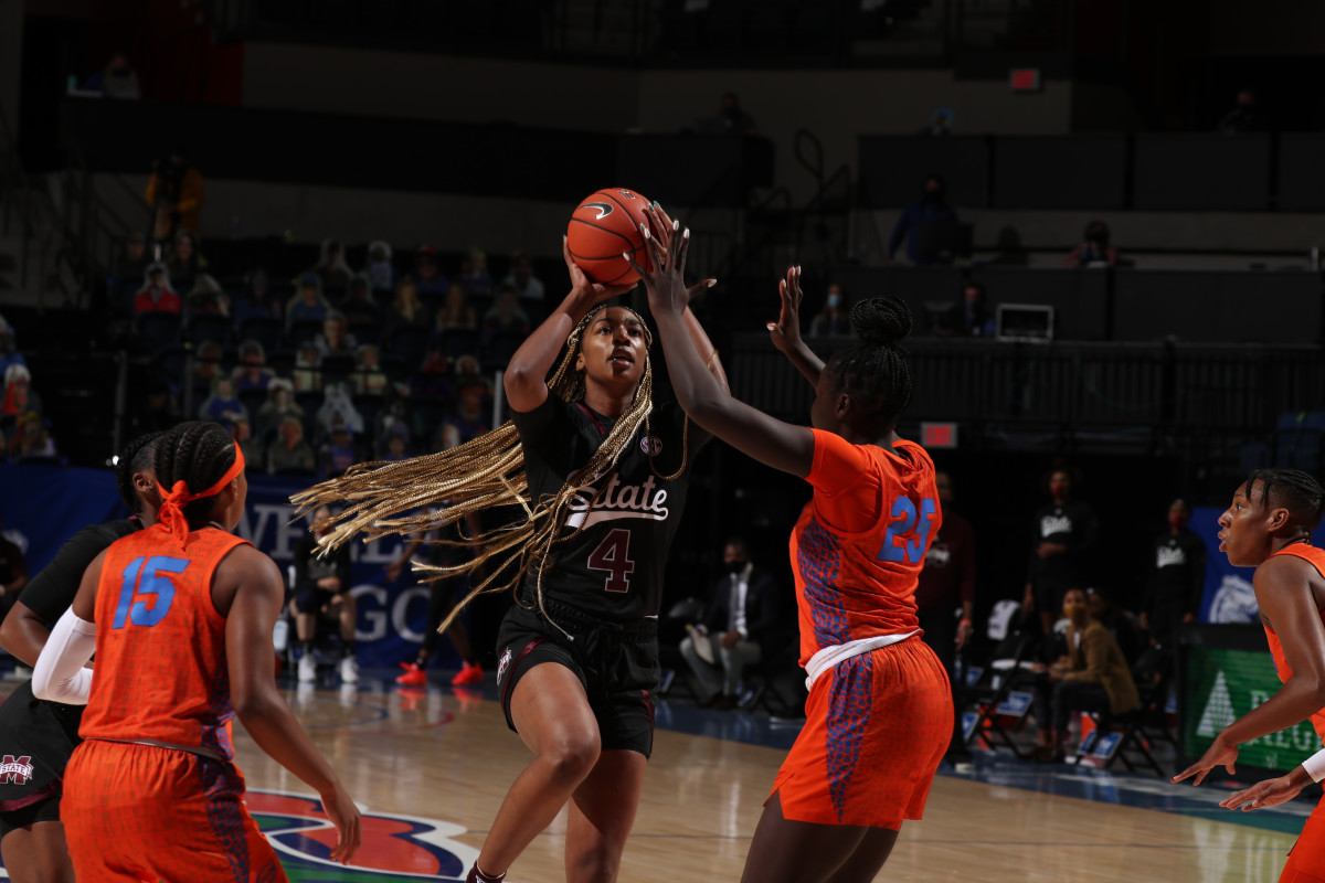 MSU's Jessika Carter, No. 4, scored 25 points for the Bulldogs in a 68-56 win over Florida on Thursday. (Photo courtesy of Florida athletics)