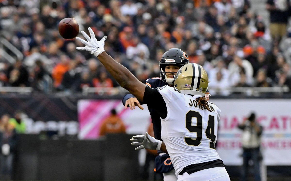 Oct 20, 2019; Chicago, IL, USA; Chicago Bears quarterback Mitchell Trubisky (10) passes against New Orleans Saints defensive end Cameron Jordan (94) during the second half at Soldier Field. Mandatory Credit: Matt Marton-USA TODAY 