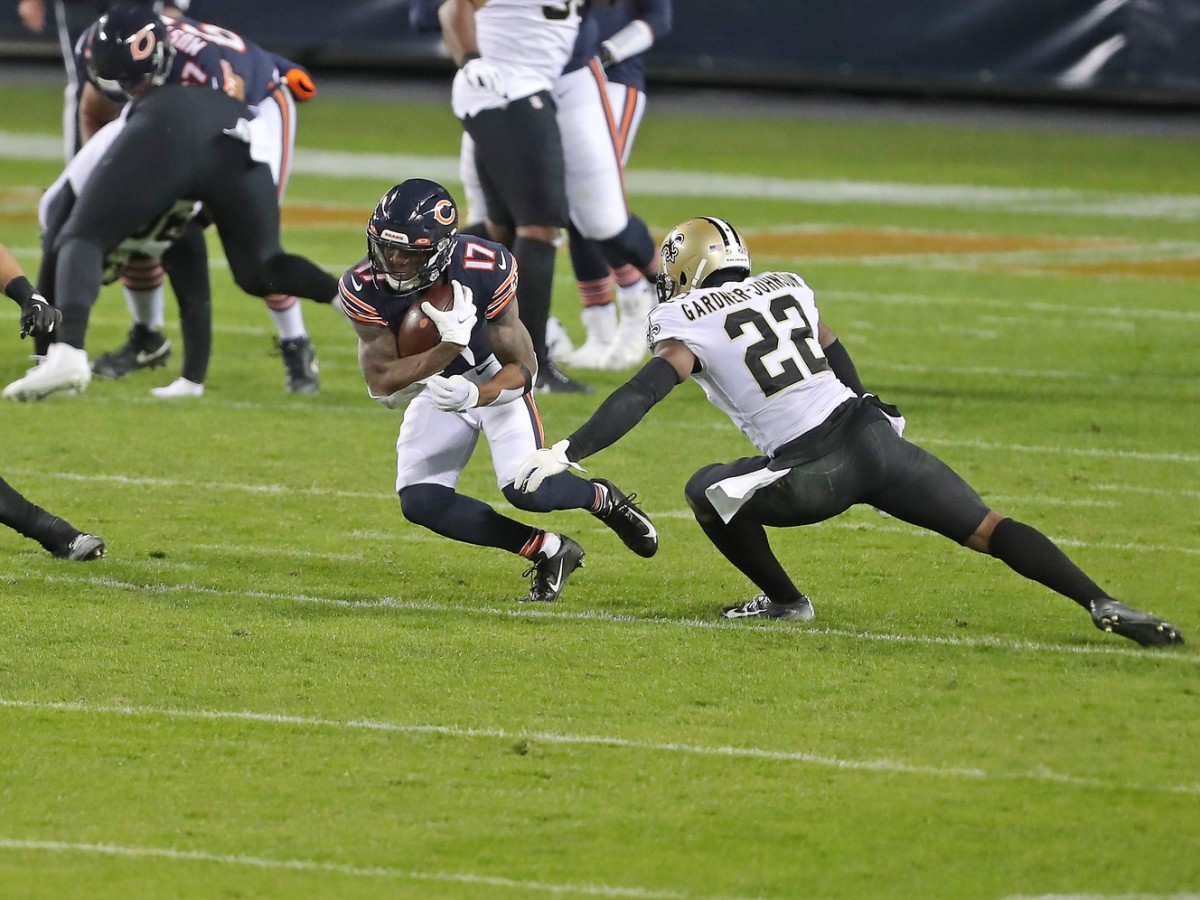 Nov 1, 2020; Chicago, Illinois, USA; Chicago Bears wide receiver Anthony Miller (17) runs with the ball in front of New Orleans Saints safety Chauncey Gardner-Johnson (22) during the second half at Soldier Field. Mandatory Credit: Dennis Wierzbicki-USA TODAY 