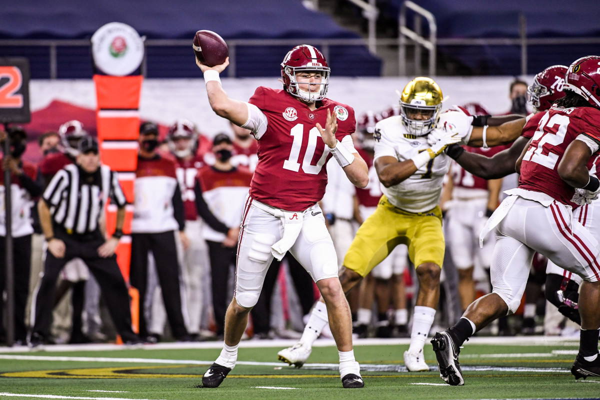Mac Jones throws a pass for Alabama in the College Football Playoff