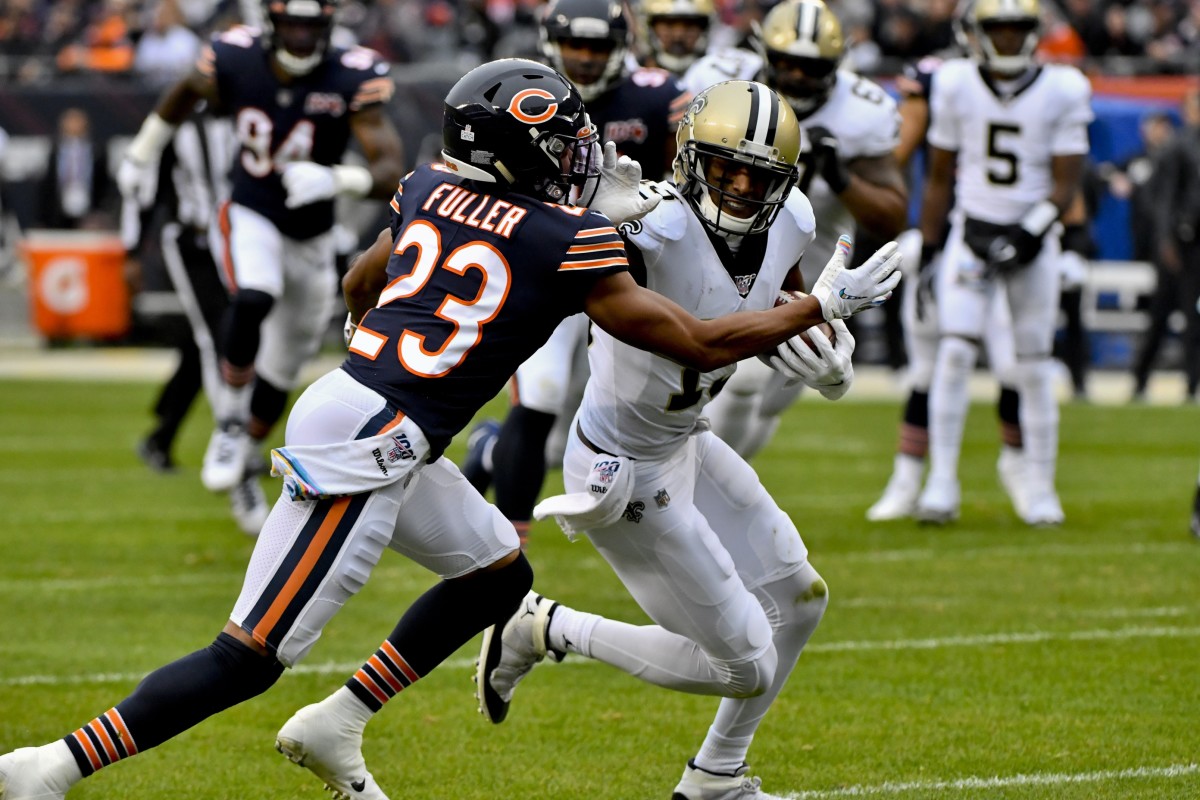 Oct 20, 2019; Chicago, IL, USA; New Orleans Saints wide receiver Michael Thomas (13) runs against Chicago Bears cornerback Kyle Fuller (23) during the first half at Soldier Field. Mandatory Credit: Matt Marton-USA TODAY 