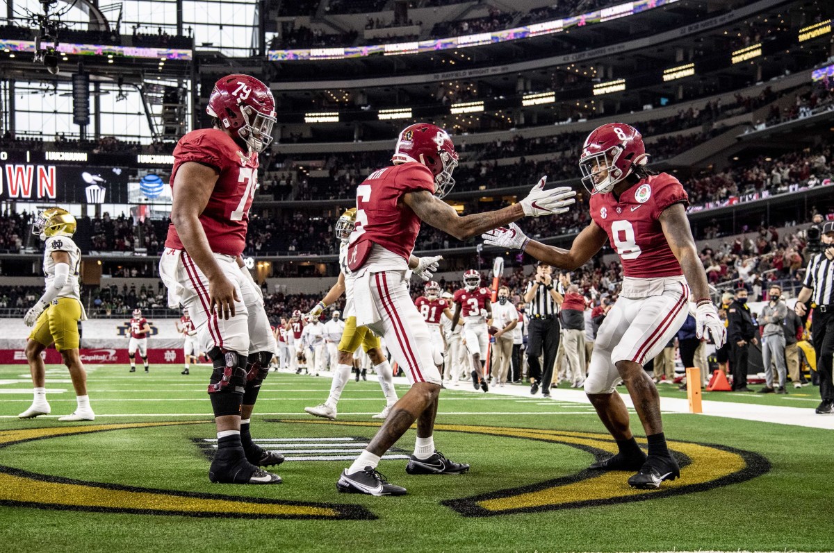 Alabama players celebrate a touchdown vs. Notre Dame in the Rose Bowl