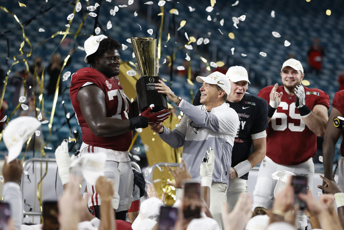 January 11, 2021, Alabama head coach Nick Saban and offensive lineman Alex Leatherwood after CFP National Championship in Miami, FL.