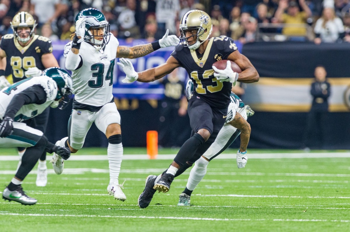 Jan 13, 2019; New Orleans, LA, USA; New Orleans Saints wide receiver Michael Thomas (13) and Philadelphia Eagles free safety Avonte Maddox (29) during the second quarter of a NFC Divisional playoff football game at Mercedes-Benz Superdome. Mandatory Credit: Derick E. Hingle-USA TODAY 