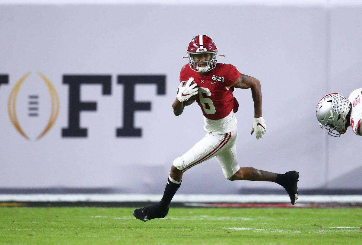 Jan 11, 2021; Miami Gardens, Florida, USA; Alabama Crimson Tide wide receiver DeVonta Smith (6) against the Ohio State Buckeyes in the 2021 College Football Playoff National Championship Game.