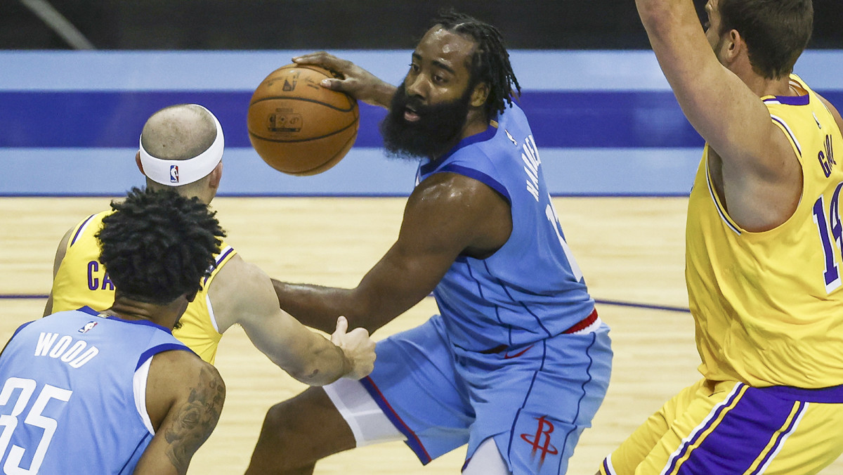 Houston Rockets guard James Harden dribbles the ball against the Los Angeles Lakers