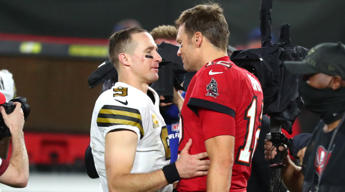 Drew Brees and Tom Brady greet each other after a game.
