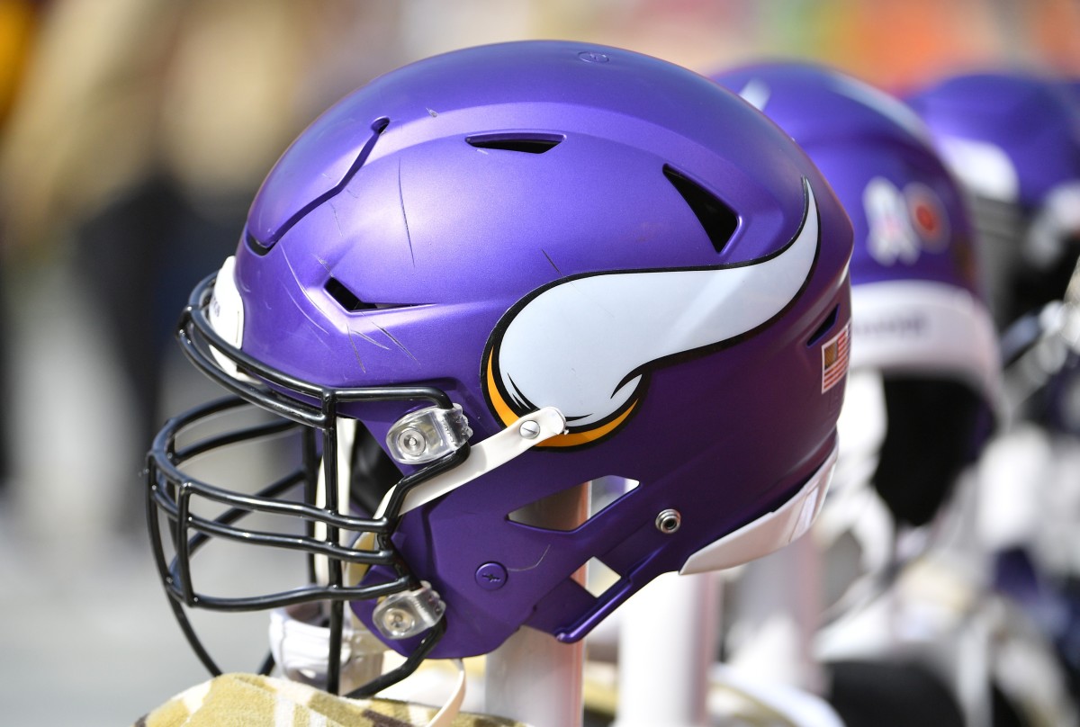 Nov 3, 2019; Kansas City, MO, USA; A general view of a Minnesota Vikings helmet during the game against the Kansas City Chiefs at Arrowhead Stadium.