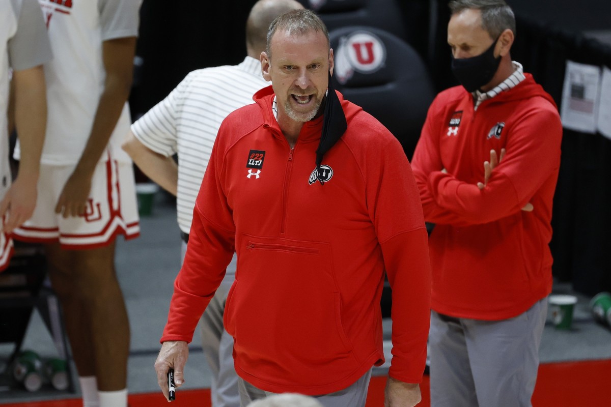 Jan 14, 2021; Salt Lake City, Utah, USA; Utah Utes head coach Larry Krystkowiak reacts after a call against the Stanford Cardinal in the second half at Jon M. Huntsman Center.