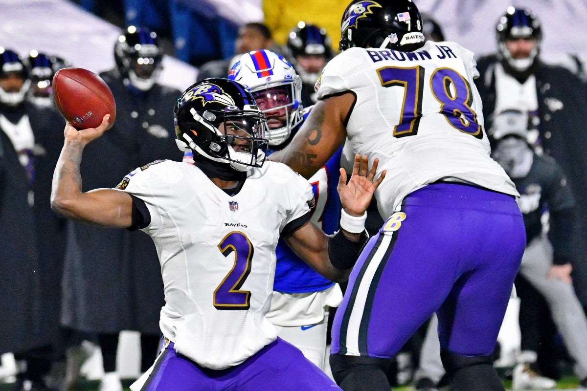 Jan 16, 2021; Orchard Park, New York, USA; Baltimore Ravens quarterback Tyler Huntley (2) throws the ball against the Buffalo Bills during the second half of an AFC Divisional Round playoff game at Bills Stadium. The Buffalo Bills won 17-3.