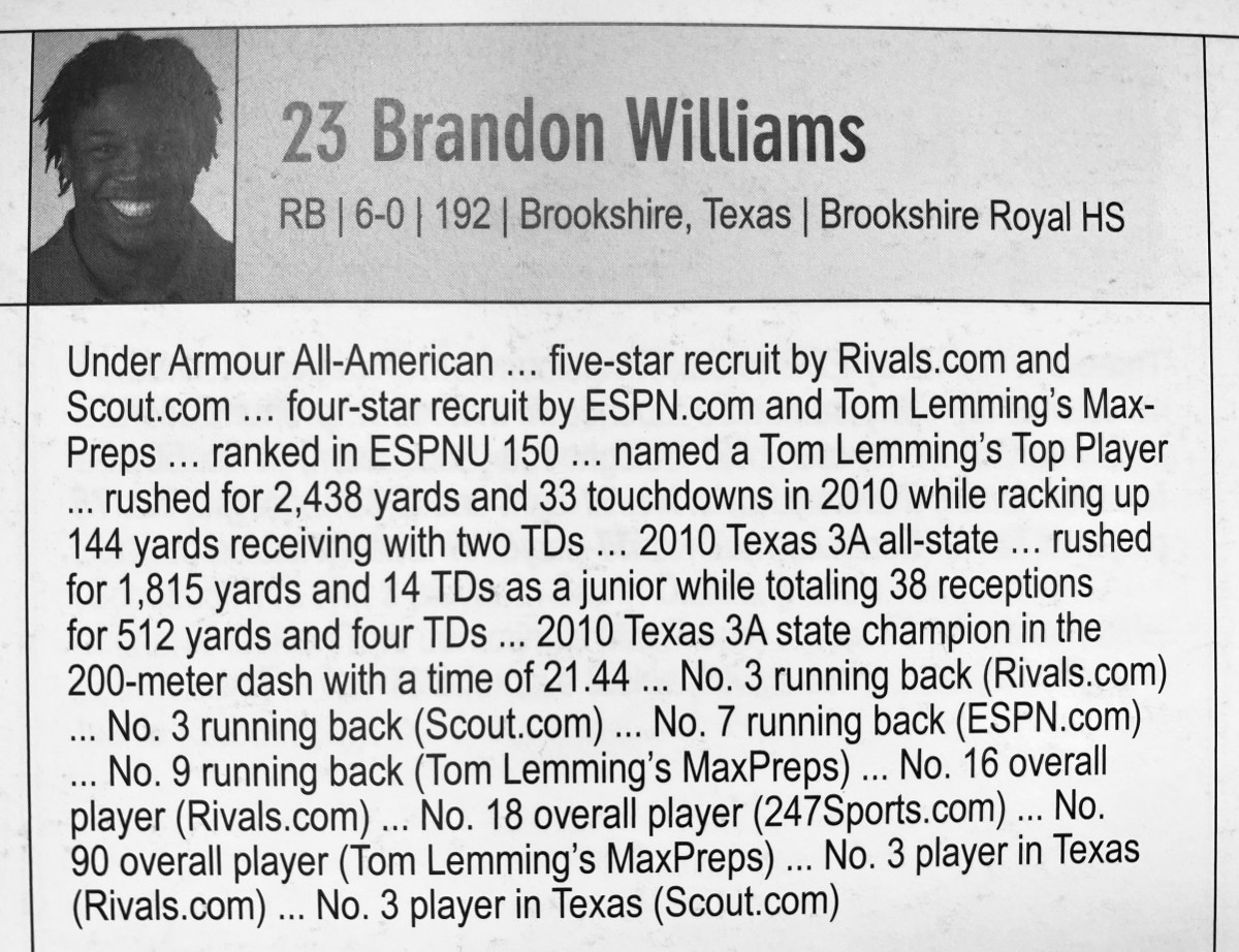 Brandon Williams' bio in the 2011 OU media guide