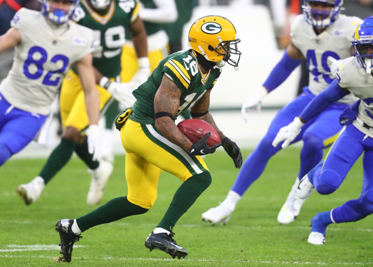 Jan 16, 2021; Green Bay, Wisconsin, USA; Green Bay Packers wide receiver Tavon Austin (16) against the Los Angeles Rams during the NFC Divisional Round at Lambeau Field.