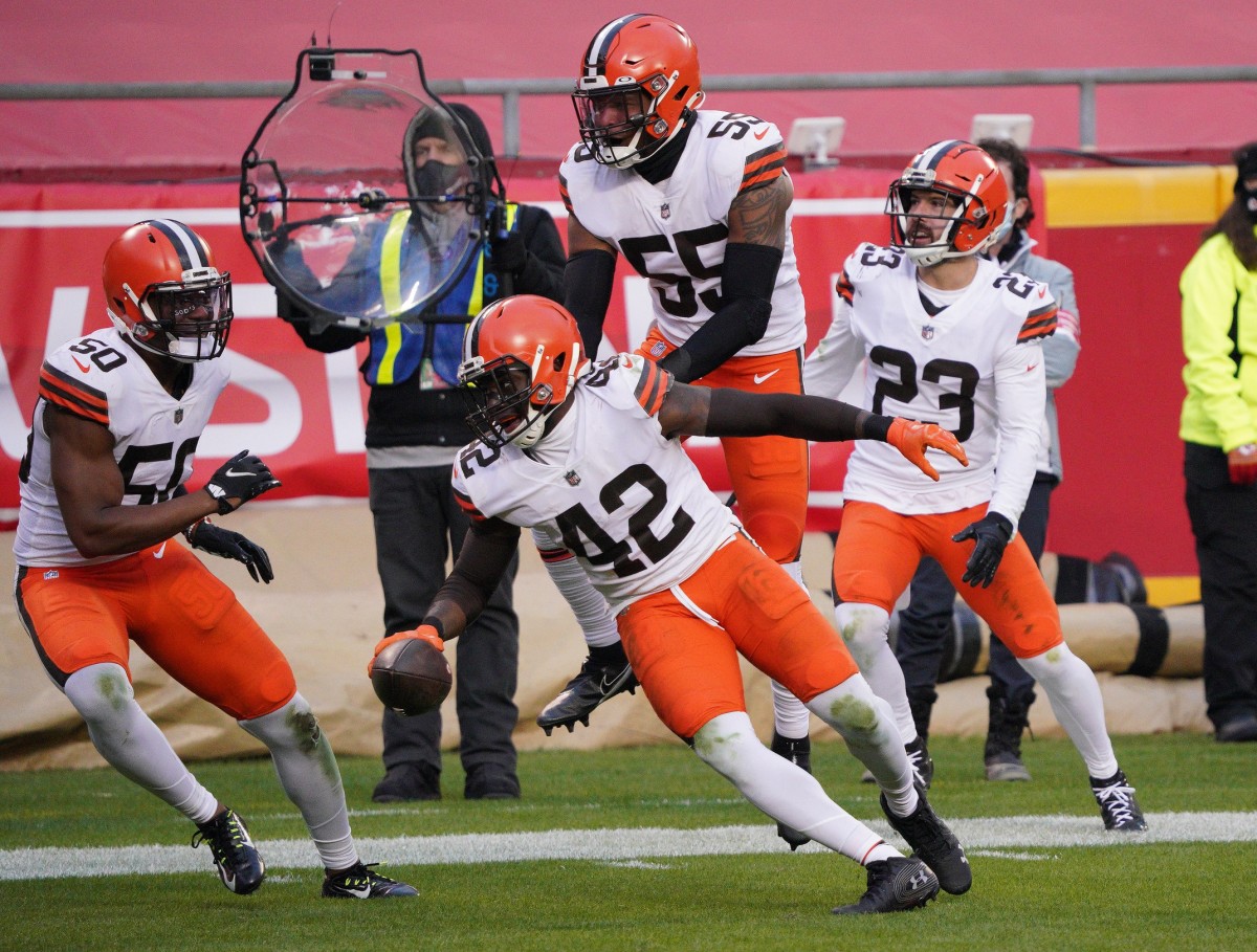 Jan 17, 2021; Kansas City, Missouri, USA; Cleveland Browns strong safety Karl Joseph (42) celebrates his interception against the Kansas City Chiefs during the second half in the AFC Divisional Round playoff game at Arrowhead Stadium