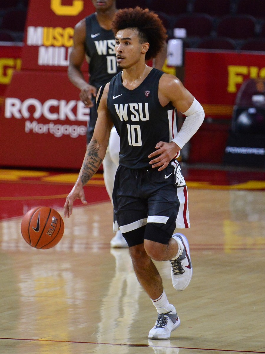 Jan 16, 2021; Los Angeles, CA, USA; Washington State Cougars guard Isaac Bonton (10) moves the ball down court against the Southern California Trojans during the second half at Galen Center.