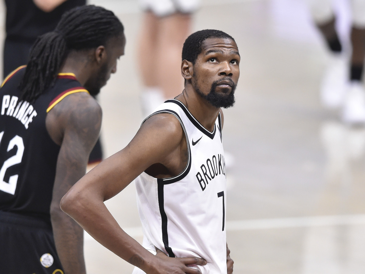 Brooklyn Nets forward Kevin Durant (7) react in the fourth quarter against the Cleveland Cavaliers at Rocket Mortgage FieldHouse.