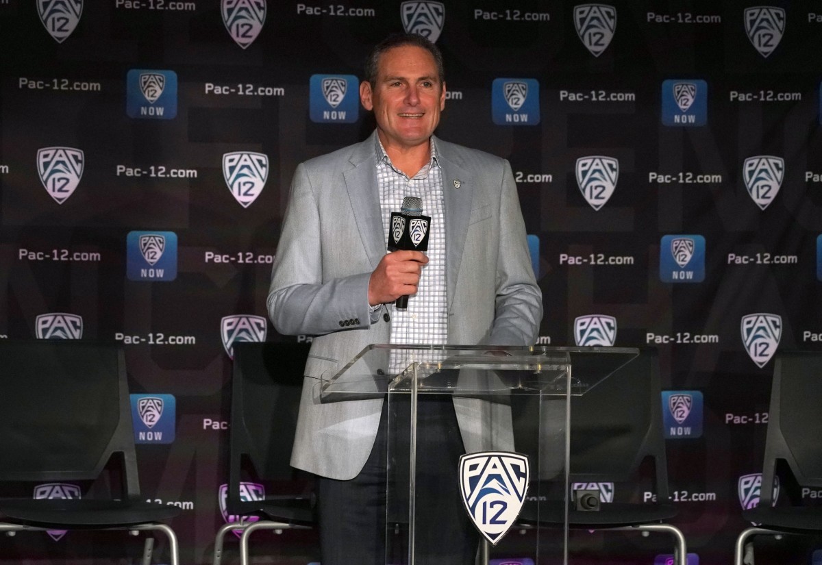 Oct 8, 2019; San Francisco, CA, USA; Pac-12 commissioner Larry Scott speaks during Pac-12 media day at the Pac-12 Network Studios.