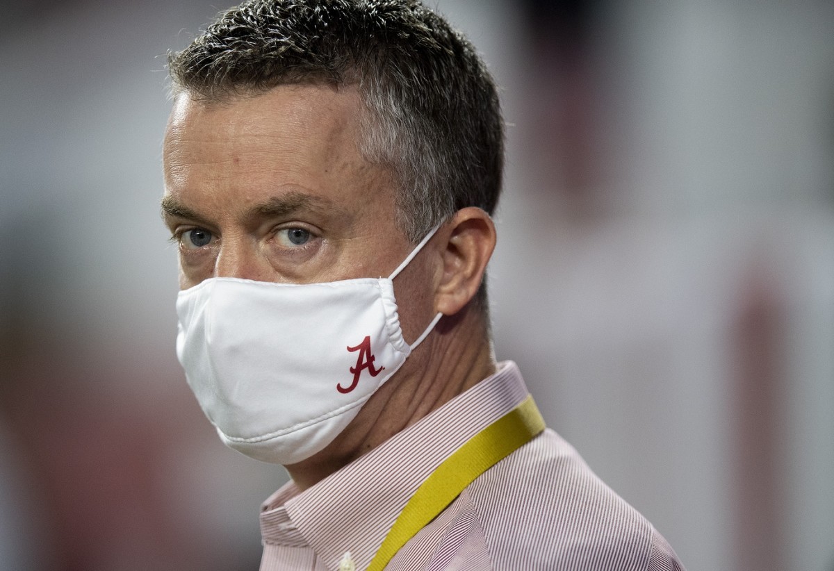 Nov 21, 2020; Tuscaloosa, Alabama, USA; Alabama Crimson Tide athletic director Greg Byrne looks on during a game against the Kentucky Wildcats at Bryant-Denny Stadium.