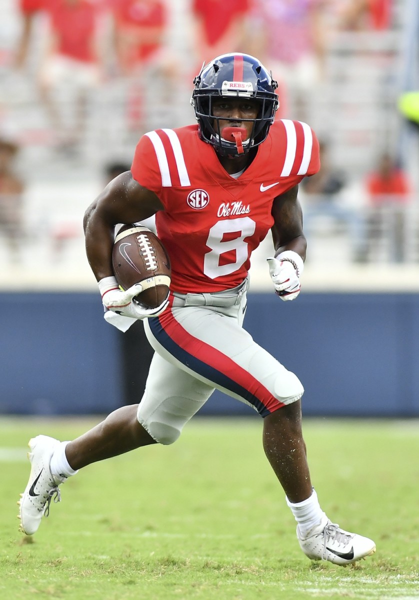 Sep 22, 2018; Oxford, MS, USA; Mississippi Rebels wide receiver Elijah Moore (8) runs the ball against the Kent State Golden Flashes during the third quarter at Vaught-Hemingway Stadium. Mandatory Credit: Matt Bush-USA TODAY Sports