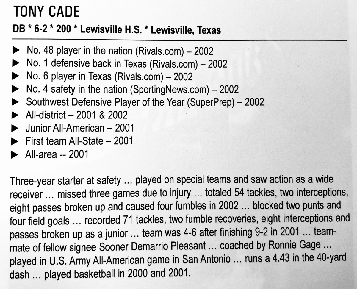 Tony Cade's bio in the 2003 OU media guide