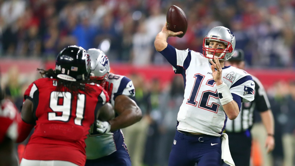 Tom Brady throws against the Falcons in Super Bowl LI.