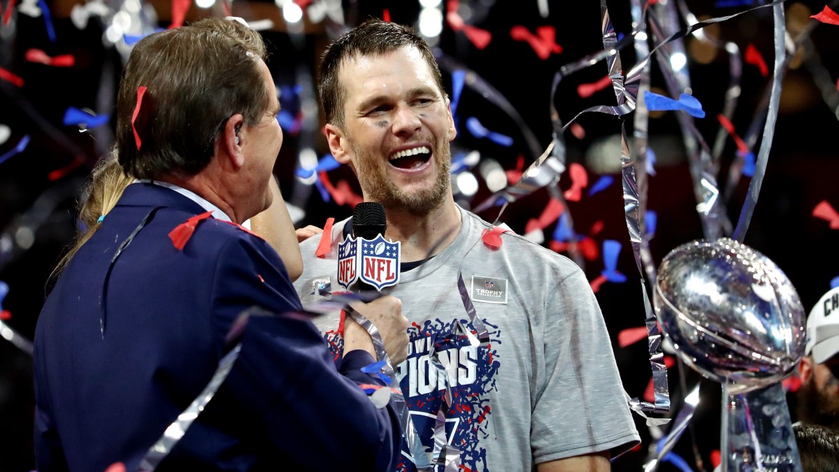 Tom Brady celebrates with the Lombardi Trophy after the Patriots beat the Rams in Super Bowl LIII.