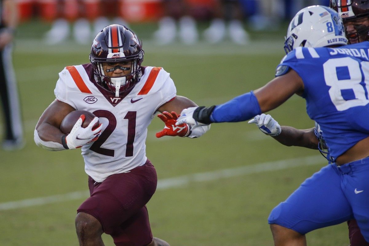 Virginia Tech Hokies running back Khalil Herbert (21) carries the football against the Duke Blue Devils in the second half at Wallace Wade Stadium. The Virginia Tech Hokies won 38-31.