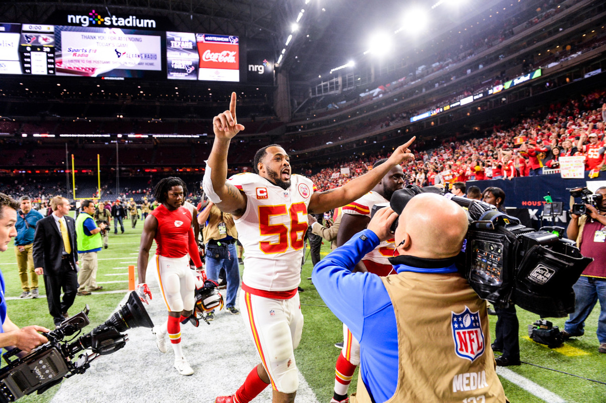 Chiefs linebacker Derrick Johnson walks off the field after a victory in New Orleans
