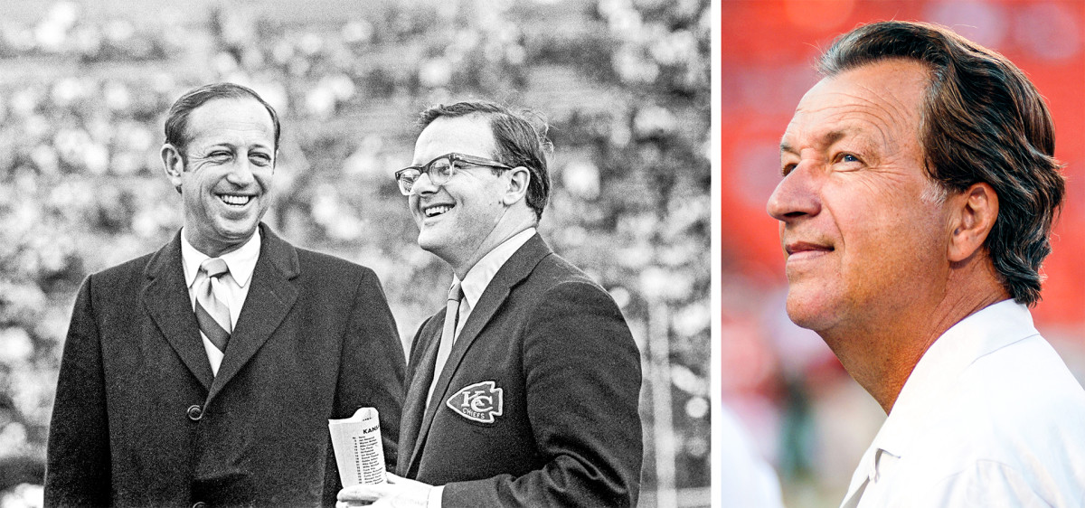 NFL commissioner Pete Rozelle and Chiefs owner Lamar Hunt talk before a game. Headshot of Chiefs GM Carl Peterson