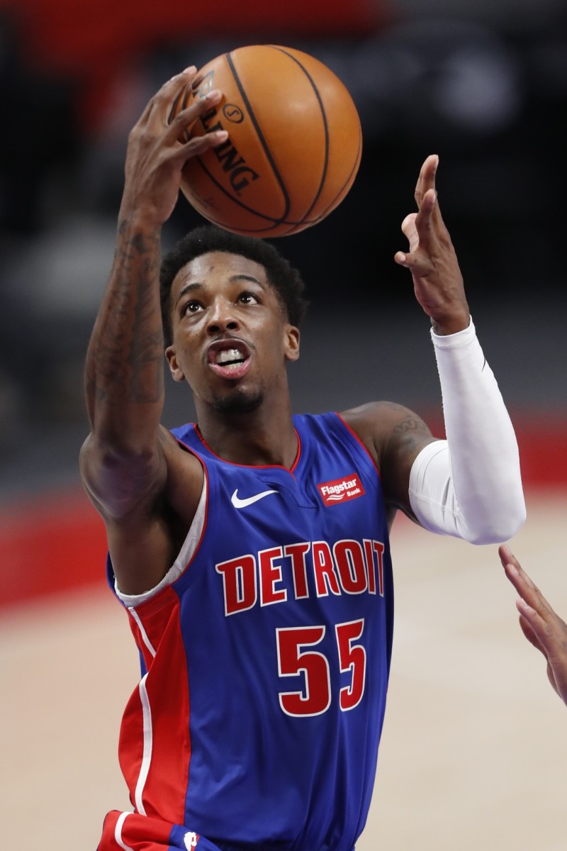 Jan 22, 2021; Detroit, Michigan, USA; Detroit Pistons guard Delon Wright (55) goes up for a shot during the fourth quarter against the Houston Rockets at Little Caesars Arena.
