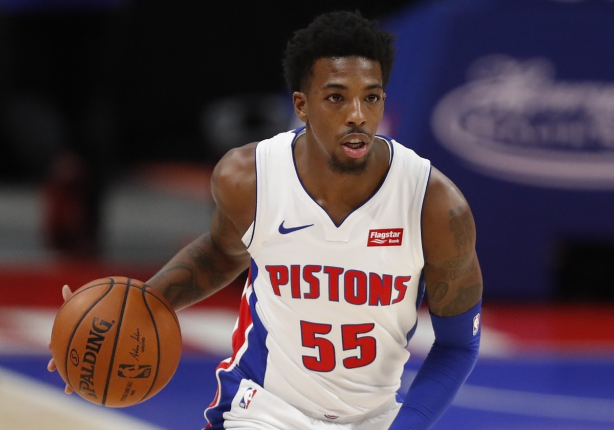 Dec 11, 2020; Detroit, Michigan, USA; Detroit Pistons guard Delon Wright (55) dribbles the ball during the first quarter against the New York Knicks at Little Caesars Arena.