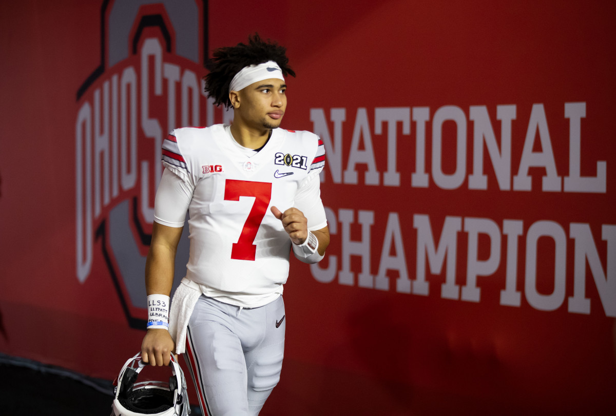 C.J. Stroud comes out of the tunnel before the 2021 College Football Playoff National Championship Game against Alabama at Hard Rock Stadium in Miami Gardens, Florida.