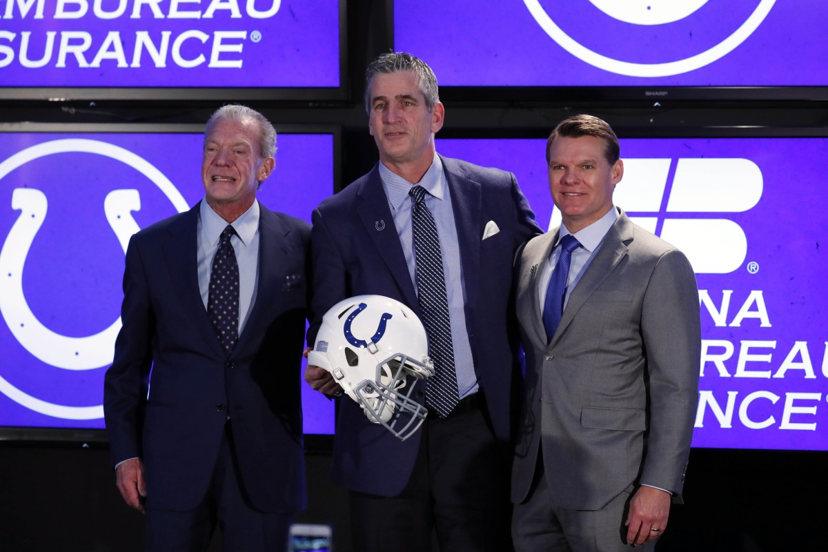 Indianapolis Colts owner Jim Irsay (left) is flanked by head coach Frank Reich (middle) and general manager Chris Ballard.