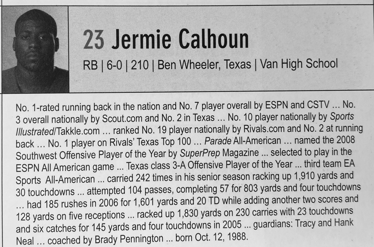 Jermie Calhoun's bio in the 2008 OU media guide