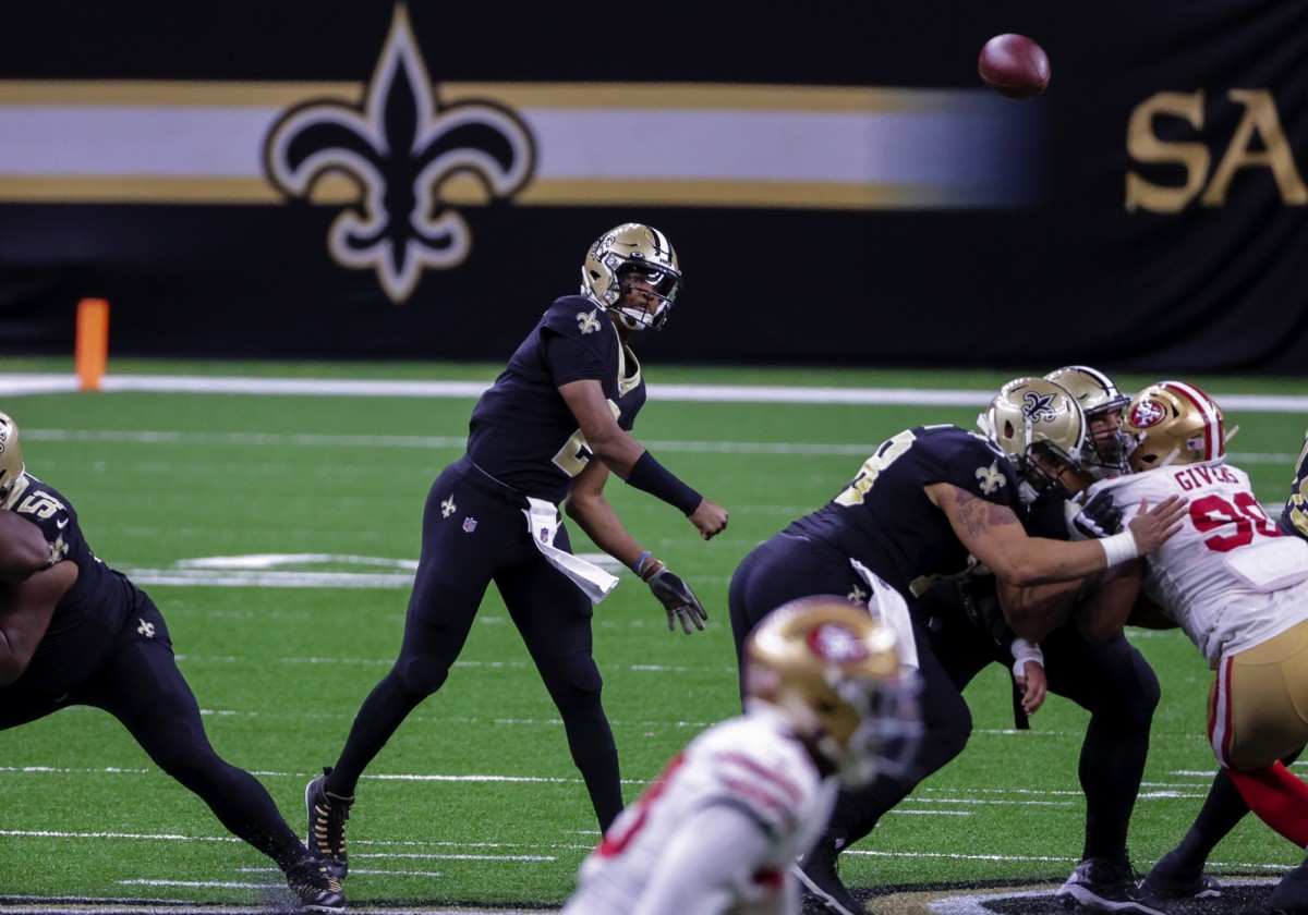 Nov 15, 2020; New Orleans, Louisiana, USA; Saints quarterback Jameis Winston (2) throws against the 49ers during the second half at the Mercedes-Benz Superdome. Mandatory Credit: Derick E. Hingle-USA TODAY Sports