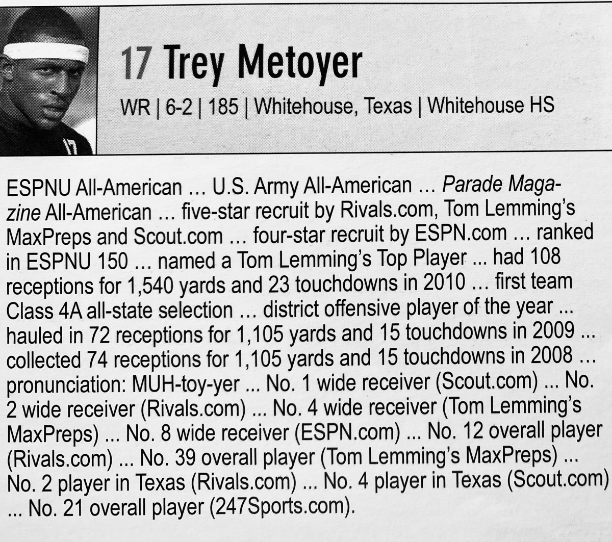 Trey Metoyer's bio in the 2011 OU media guide
