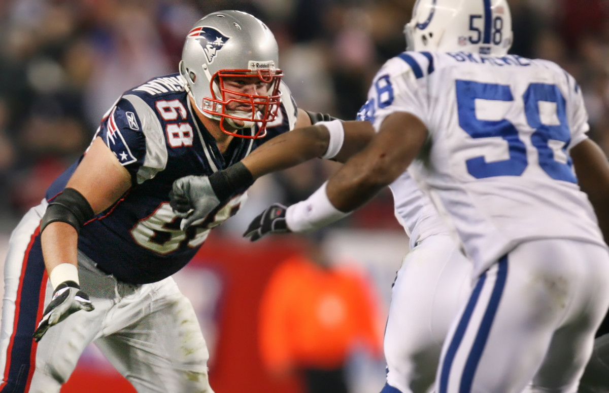 Patriots offensive lineman Ryan O'Callaghan blocks in a game against the Colts