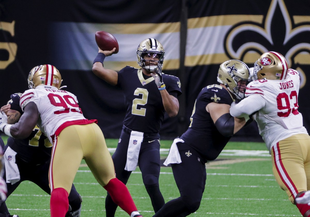 Nov 15, 2020; New Orleans, Louisiana, USA; Saints quarterback Jameis Winston (2) throws against the San Francisco 49ers during the second half at the Mercedes-Benz Superdome. Mandatory Credit: Derick E. Hingle-USA TODAY