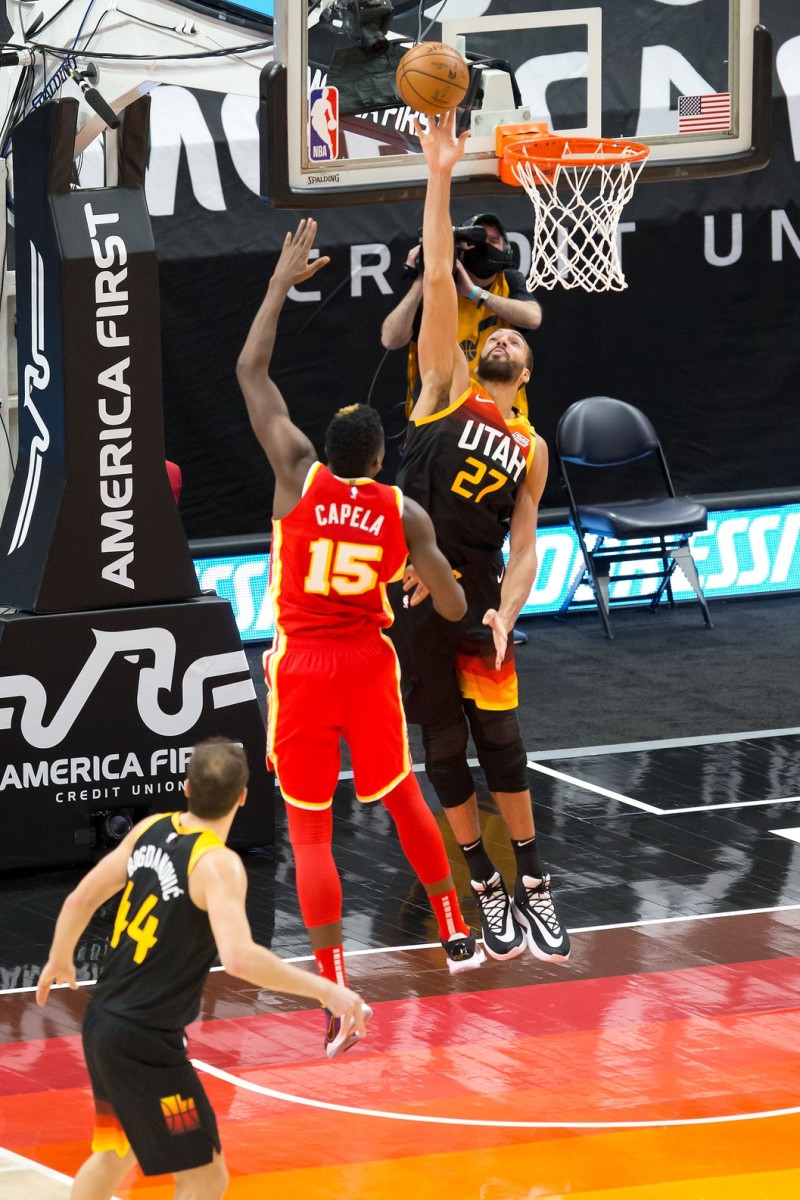 Rudy Gobert (27) swats Clint Capela (15) during a Jazz, Hawks matchup in January