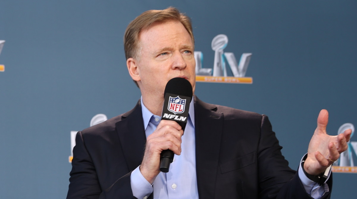 NFL football commissioner Roger Goodell speaks at a press conference ahead of Super Bowl 55, Thursday, Feb. 4, 2021, in Tampa, Fla.