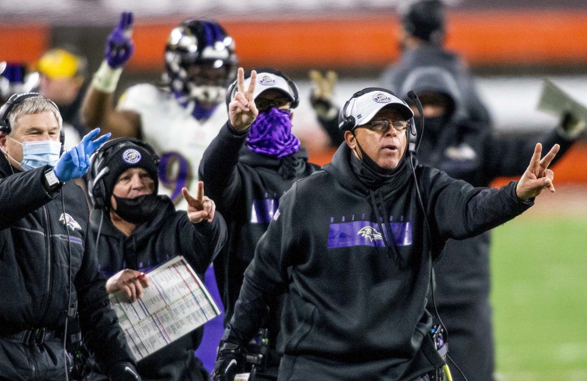 David Culley on the sideline for the Baltimore Ravens during the 2020 season